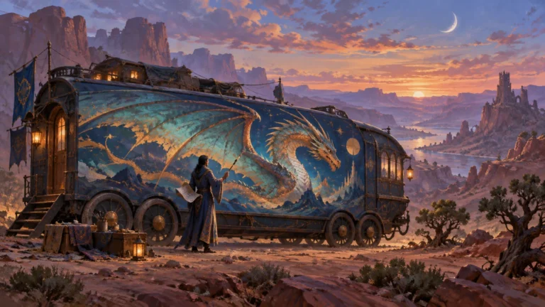 Painterly fantasy scene of a large ornate caravan-like vehicle in a rocky desert at sunset, its blue side panel covered by a detailed dragon mural while a robed figure paints or gestures toward it; cliffs, a distant castle, lanterns, and a crescent moon fill the background.