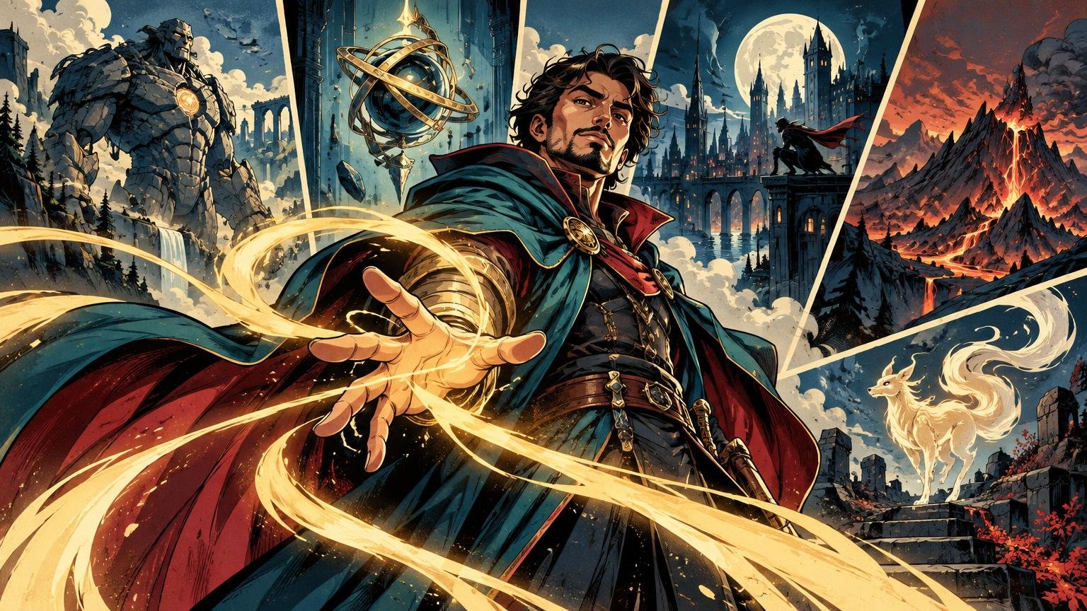 Wide comic-book-style illustration of a caped mage casting looping golden magic, framed by vertical panels showing a stone giant, a floating astrolabe, a moonlit castle, volcanic mountains, and a glowing white fox-like spirit.