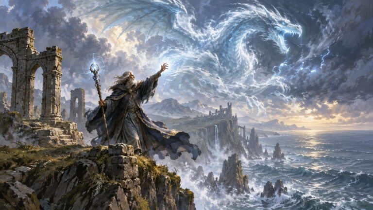 Painterly fantasy scene of a robed wizard on ruined coastal cliffs raising a staff toward a vast dragon-shaped storm cloud over a churning sea and distant castle ruins.