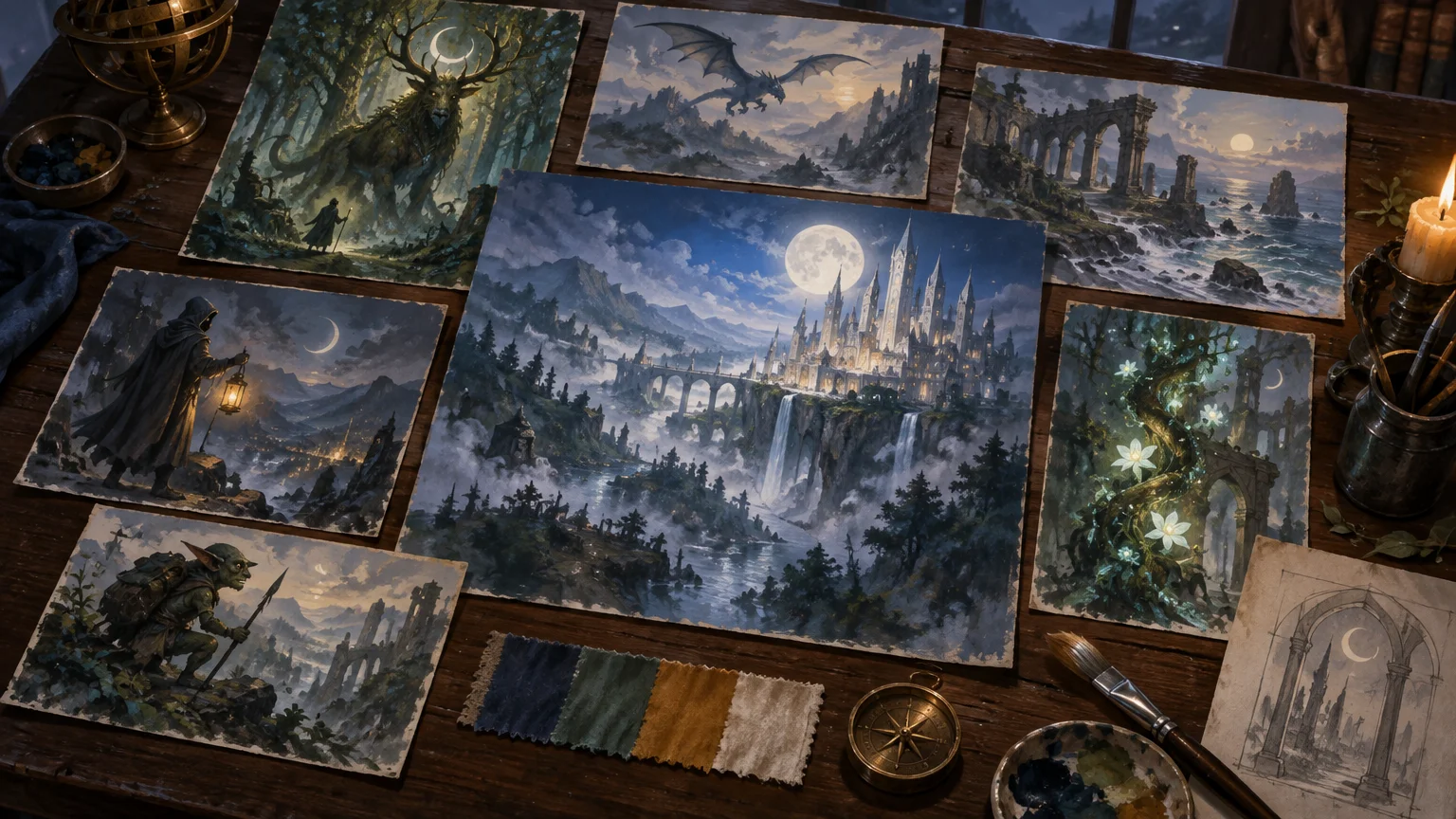 Overhead view of a wooden artist’s table covered with painterly fantasy scene cards: a moonlit castle above waterfalls, dragons over mountains, coastal ruins, a hooded traveler, a goblin, and enchanted forests. Paintbrushes, a paint palette, fabric color swatches, candlelight, and a small architectural sketch surround the artwork.