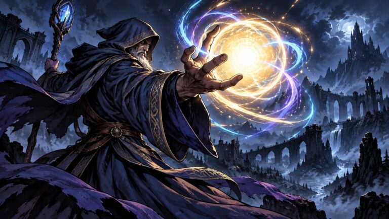Hooded, bearded wizard in dark blue robes extends a foreshortened hand toward a glowing golden orb wrapped in blue, violet, and gold magical trails, with a staff, ruined arches, mountains, and a moonlit castle behind him.