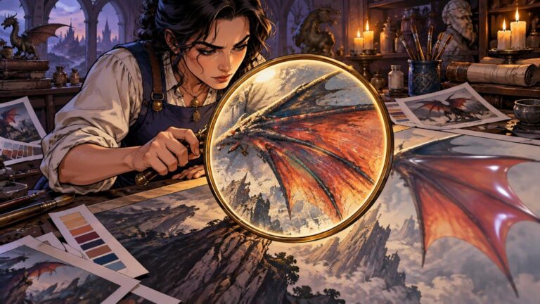 Comic-book-style illustration of an artist examining a detailed red dragon painting with a large magnifying glass in a candlelit fantasy studio, surrounded by brushes, sketches, and color swatches.