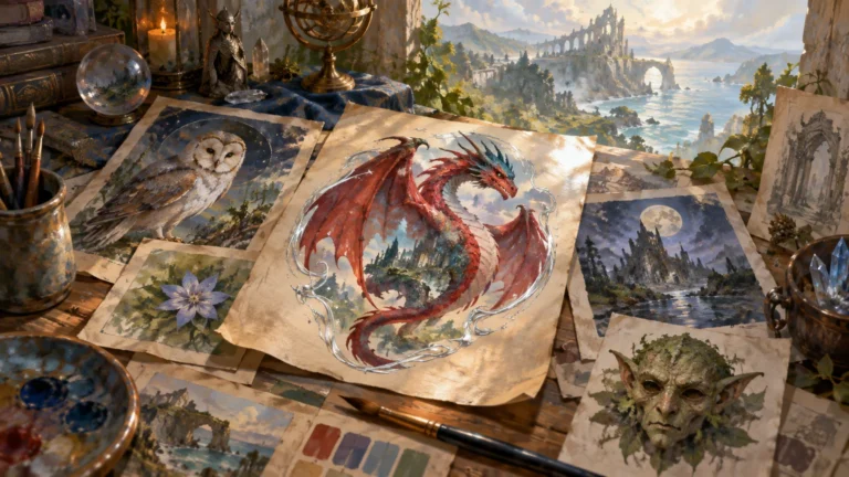 Painterly fantasy art studio scene with a large red dragon illustration surrounded by owl, goblin, moonlit castle, flower, and coastal-ruin paintings, brushes, pigments, crystals, and a bright enchanted landscape beyond the window.
