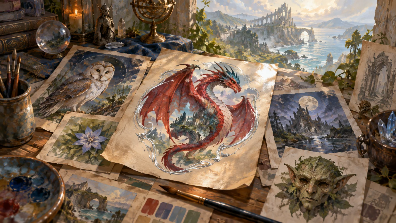 Painterly fantasy art studio scene with a large red dragon illustration surrounded by owl, goblin, moonlit castle, flower, and coastal-ruin paintings, brushes, pigments, crystals, and a bright enchanted landscape beyond the window.