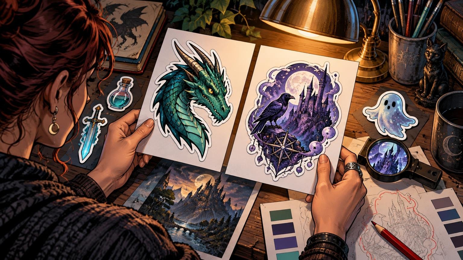 Comic-style overhead view of an artist holding two fantasy dragon and castle stickers at a desk with art tools, sketches, and smaller fantasy stickers.