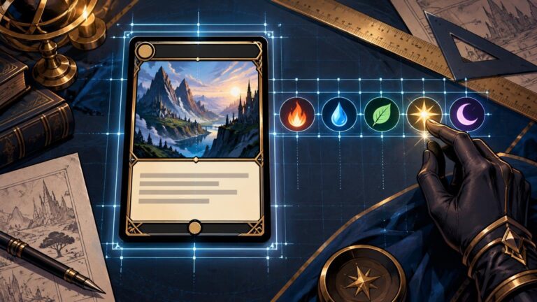 Wide comic-book-style illustration of a fantasy card-frame layout on a blue drafting grid, with a mountain landscape card, aligned elemental icons, rulers, sketches, and a gloved hand selecting a glowing star symbol.