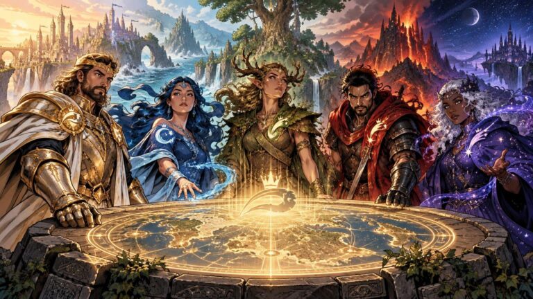 Wide comic-book-style fantasy illustration of five distinct rulers or magical heroes standing around a glowing circular map table, with castle, ocean, forest, volcanic, and moonlit landscapes behind them.