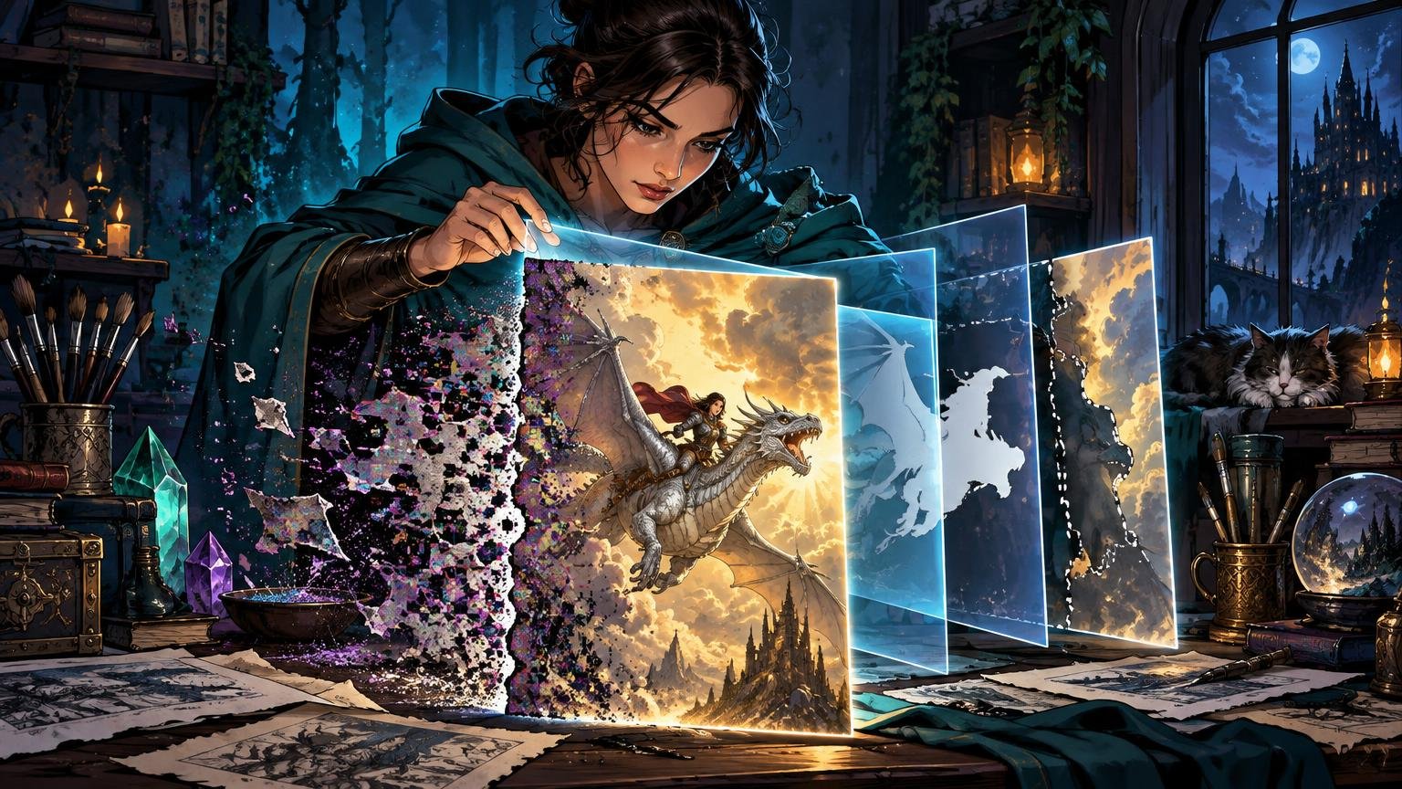 Comic-book-style fantasy scene of a dark-haired artist in a candlelit studio holding a glowing vertical dragon-rider illustration as it sheds colorful fragments, with several translucent image layers behind it. Paintbrushes, books, crystals, a sleeping cat, and a moonlit castle window surround the workspace.
