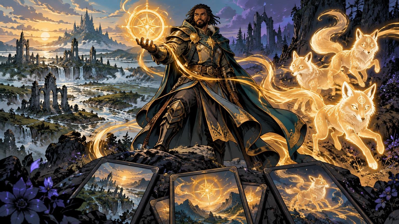 Comic-book-style fantasy scene of an armored, cloaked mage holding a glowing golden sigil, with three luminous fox spirits beside him, a ruined waterside landscape behind, and several fantasy card-like panels along the foreground.