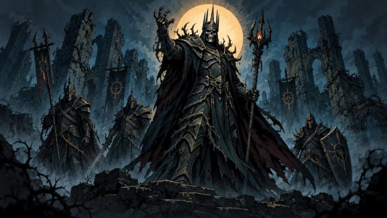 Dark comic-book fantasy scene of a towering skeletal crowned ruler in black spiked armor, reaching forward with a staff before a bright full moon, flanked by armored guards and ruined stone towers.