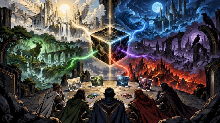 Comic-book-style fantasy scene with five cloaked figures around a circular table, five landscape cards displayed before them, and a glowing black cube linking five color-coded realms: bright white-gold ruins, green forest, blue ocean, purple moonlit city, and red volcanic mountains.