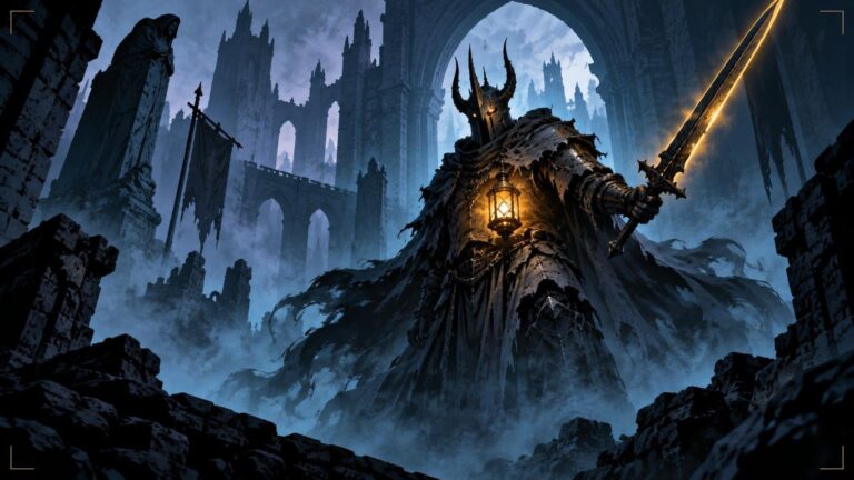 Dark fantasy illustration of a horned armored knight holding a glowing lantern and raised sword amid foggy ruined gothic arches and towers.