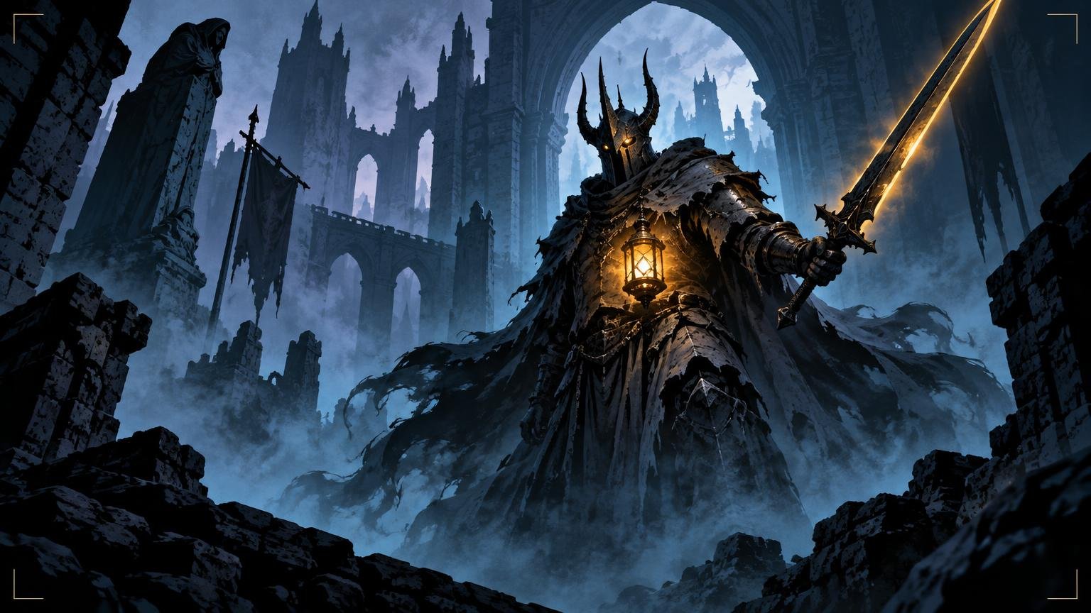 Dark fantasy illustration of a horned armored knight holding a glowing lantern and raised sword amid foggy ruined gothic arches and towers.