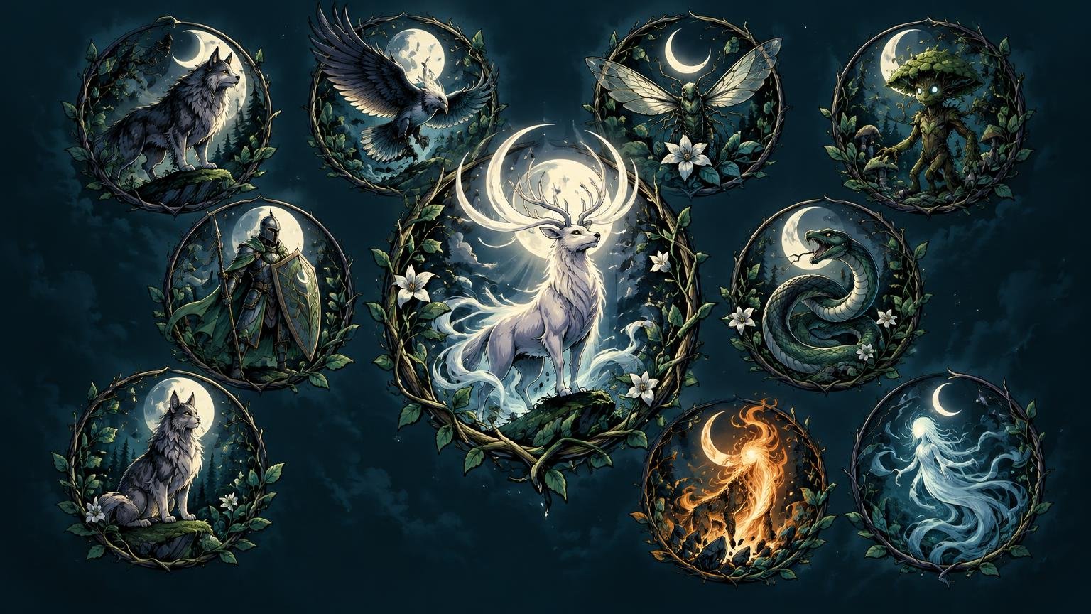 Nine fantasy creature emblems framed by thorny vines and moonlight surround a glowing white stag at the center on a dark blue background.