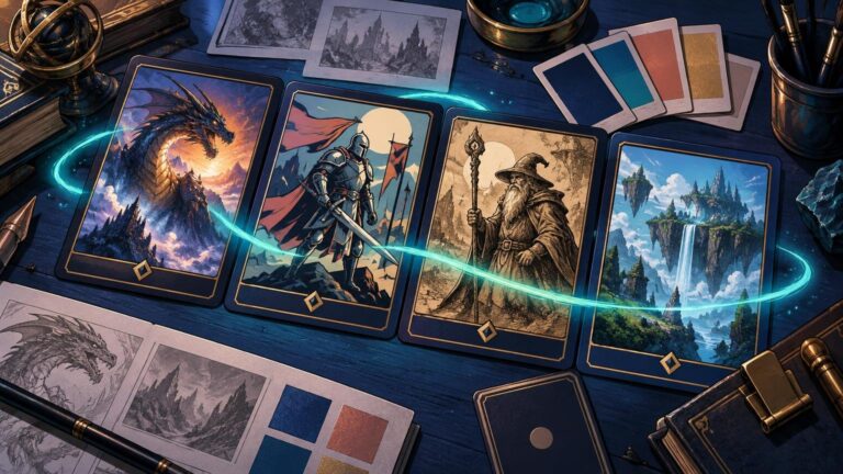 Comic-book-style tabletop scene with four fantasy art cards—a dragon, armored knight, wizard, and floating island landscape—linked by a glowing blue arc, surrounded by sketches, color swatches, and art tools.