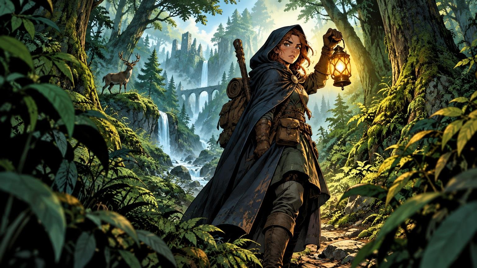 Wide comic-book-style fantasy illustration of a hooded traveler holding a glowing lantern on a forest path, framed by dense green foliage with a deer, waterfalls, a stone viaduct, and distant ruins behind her.