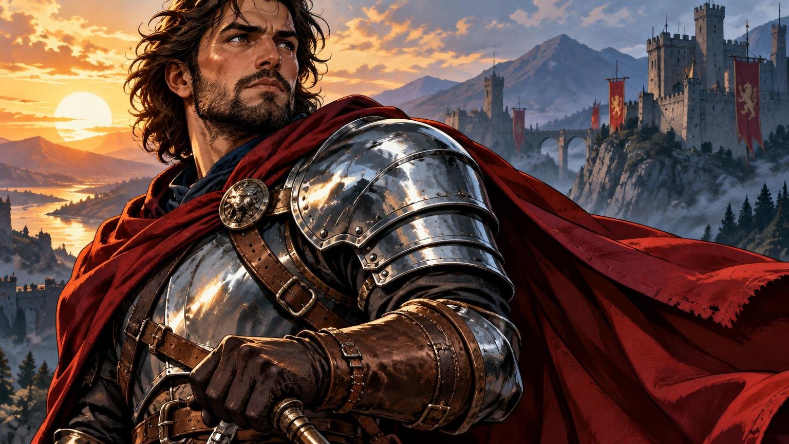Comic-book-style illustration of a bearded armored warrior in a flowing red cloak, with reflective steel plate armor and brown leather straps and gloves, standing before a mountain castle at sunset.